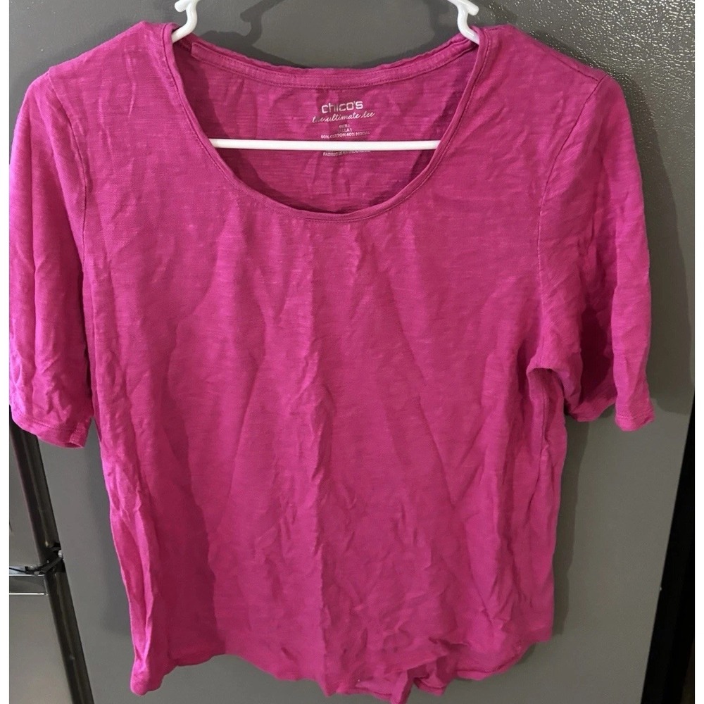 Chico's Women's 1 Pink The Ultimate Tee Cotton‎ Short Sleeve Tunic Top Shirt